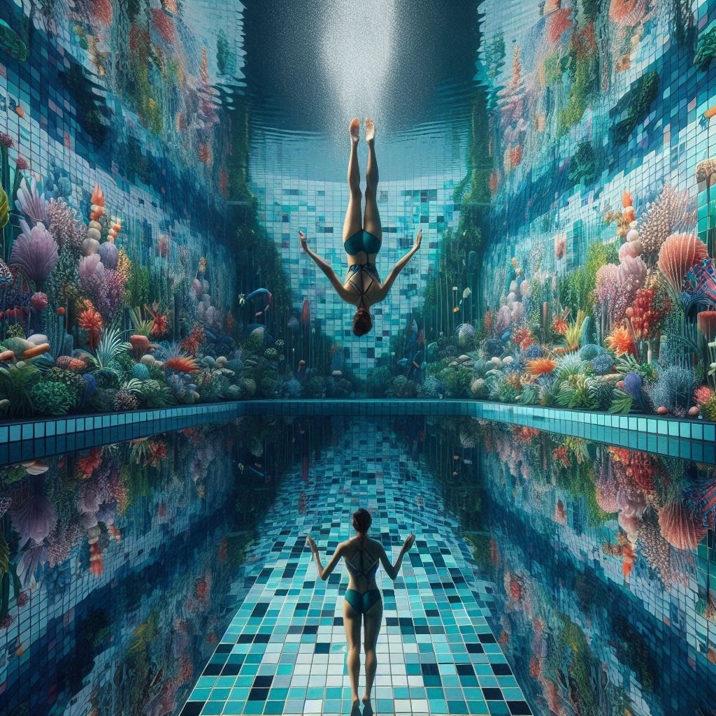 This is a synthesized image of a person diving into a pool of themselves. Its purpose is to represent what it might be like to do a deep dive into somatic coaching.