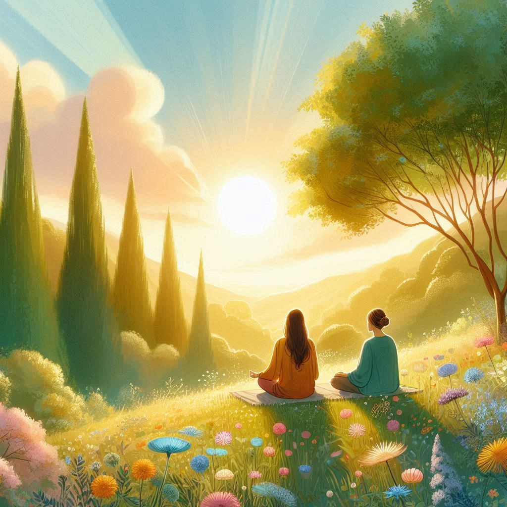 This is a picture of two people, a somatic coach and a coachee, watching a sunset while sitting on top of a mountain vista. Its purpose is to provide the reader with an aesthetically pleasing image that might help them pause and reflect on having an ally at their side with a somatic coach in somatic coaching sessions.