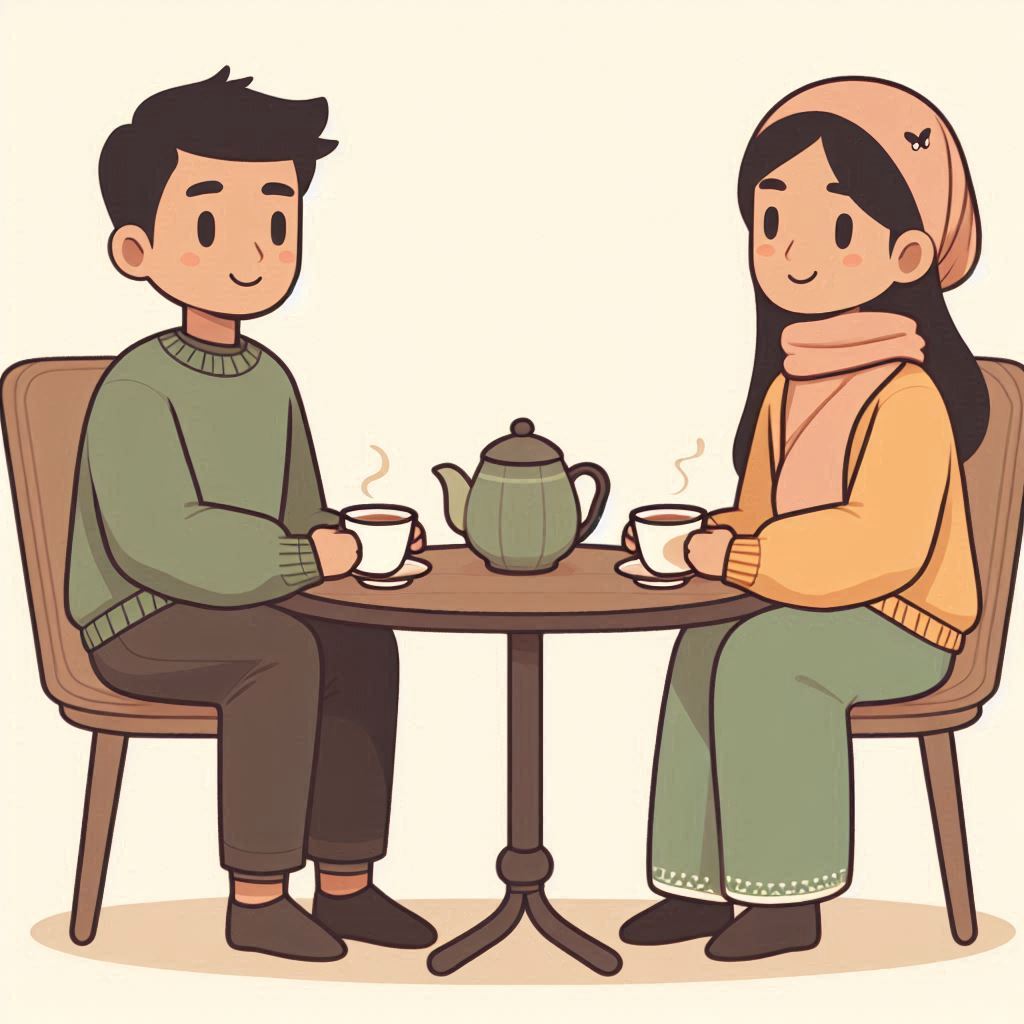 This is a drawing of two people casually sharing tea while sitting at a table. Its purpose is to provide the reader with an aesthetically pleasing image that might help them get a feel for the casual and comfortable environment they could experience in somatic coaching sessions.