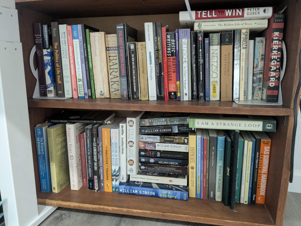 Uma foto de uma pequena bibiloteca de livros que fazem parte da minha linhagem de aprendizagem. Generos dos livros sao de filosofia, ficcao de ciencias, psicologia, e espiritualidade.